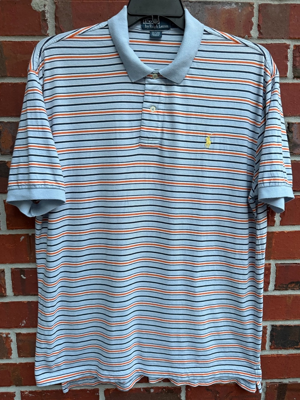 Polo Ralph Lauren Men’s XL Light Blue Navy & Orange Striped Polo Shirt P1